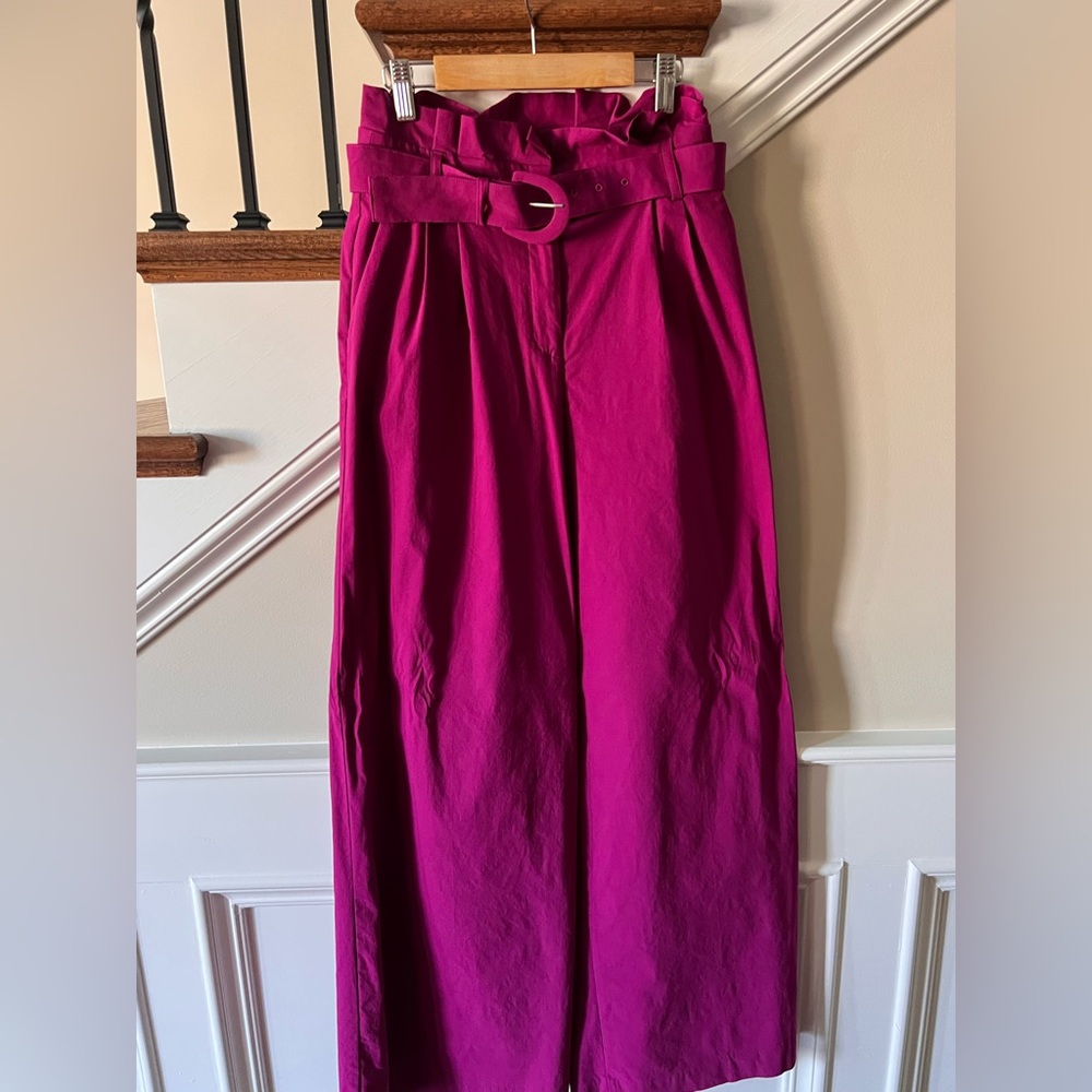 Elegant Pink Women's Paper bag, high waisted pants.